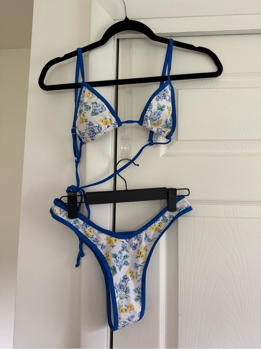 Floral Triangle Bikini Set Small White Blue High Cut Cheeky Swimsuit